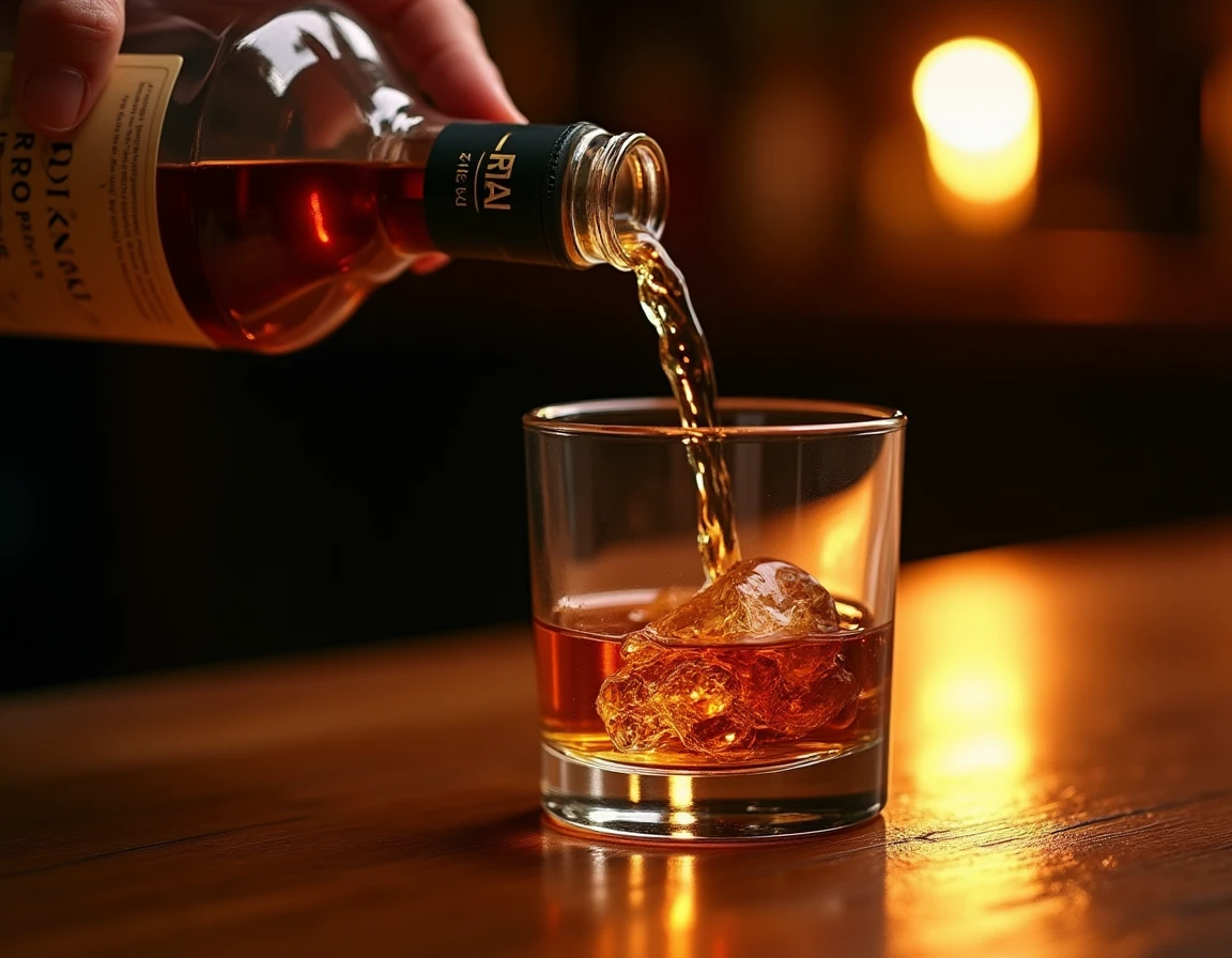 Close-up action shot of amber liquid being poured from a Nikka Coffey Grain bottle into a Glencairn glass on a heavy oak