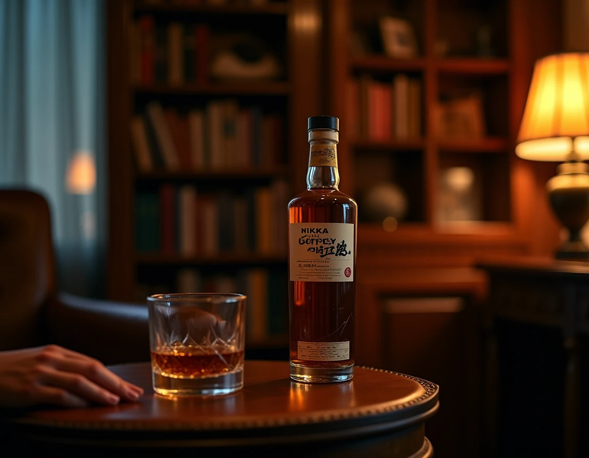 Wide atmospheric interior shot of a private study or home whisky corner at night, a single Nikka Coffey Grain bottle pro