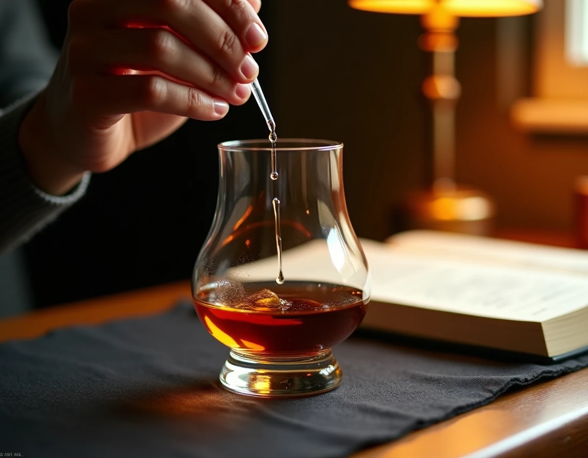 Close-up action shot of a person's hand carefully adding two drops of water from a small pipette into a Glencairn glass