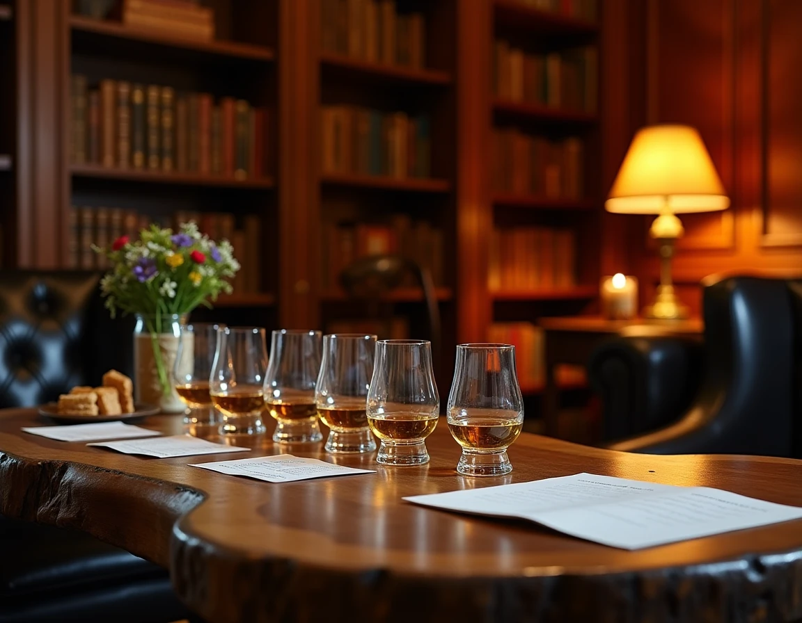 Wide atmospheric shot of a private whisky tasting setup in a leather-furnished library room, five Glencairn glasses arra