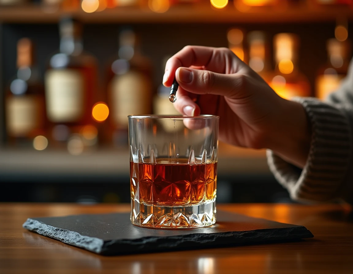 Close-up action shot of a hand carefully adding a single drop of water from a pipette into a Glencairn glass half-filled