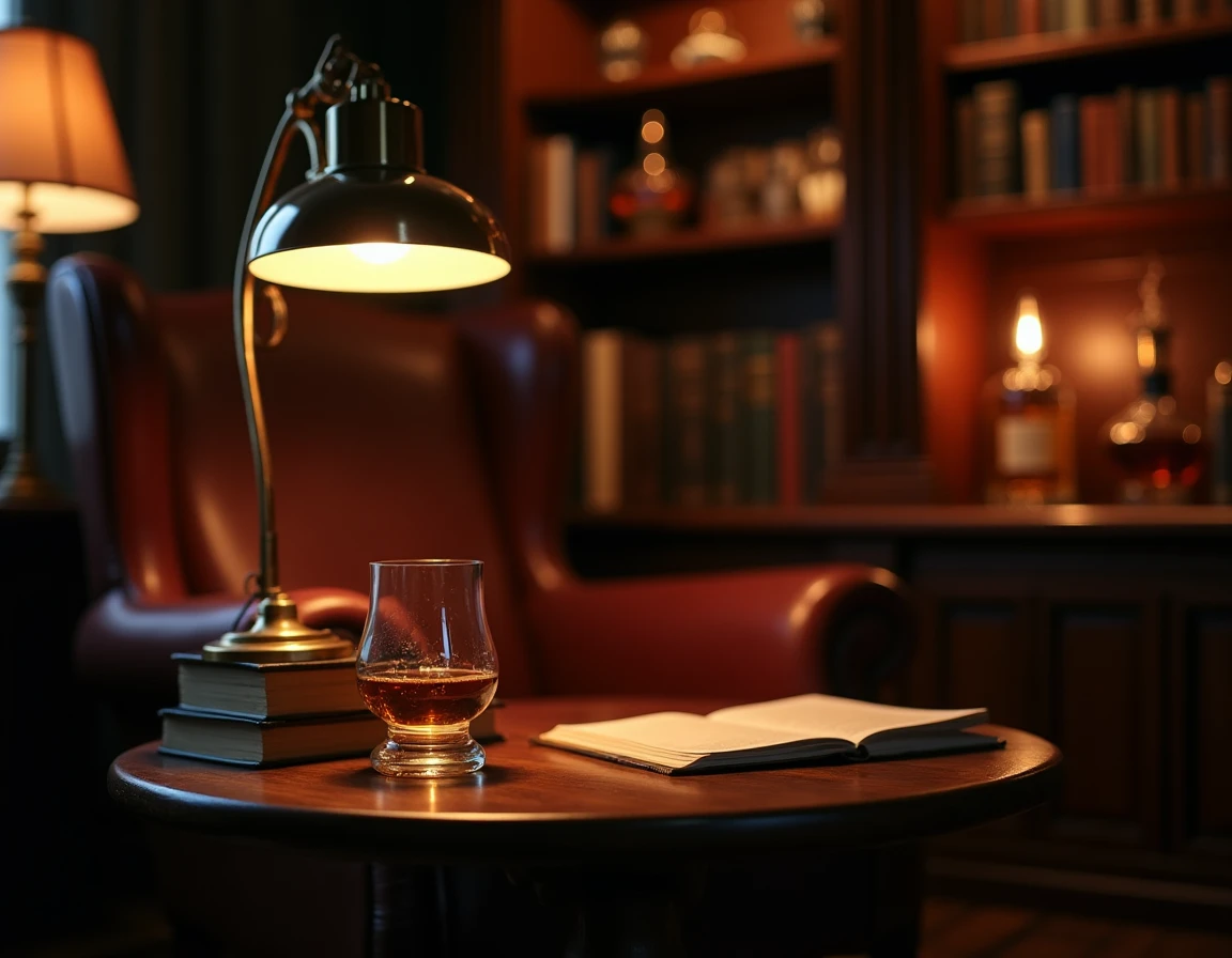 Wide atmospheric shot inside a dimly lit private library or study, a leather armchair beside a low wooden side table, a