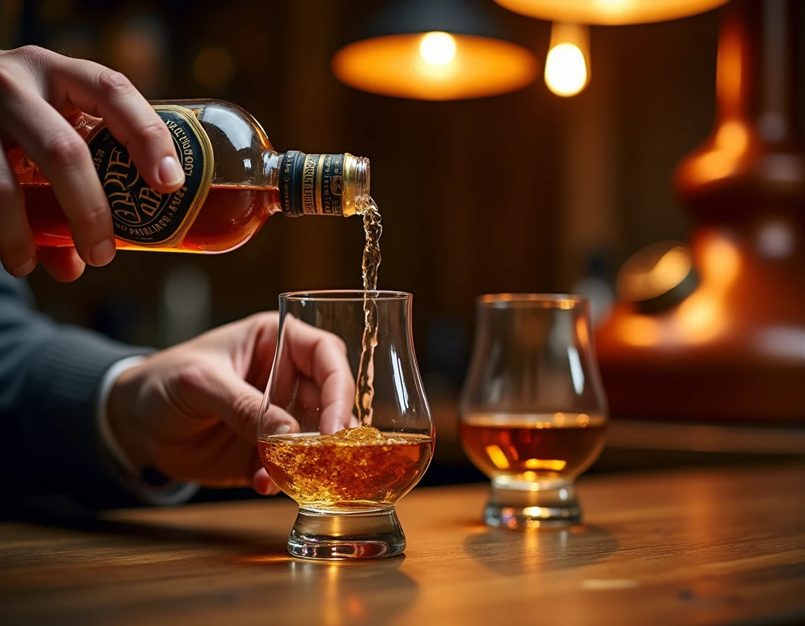 Close-up of hands carefully pouring Forty Creek whisky into a Glencairn glass on a rustic oak table, golden liquid catch
