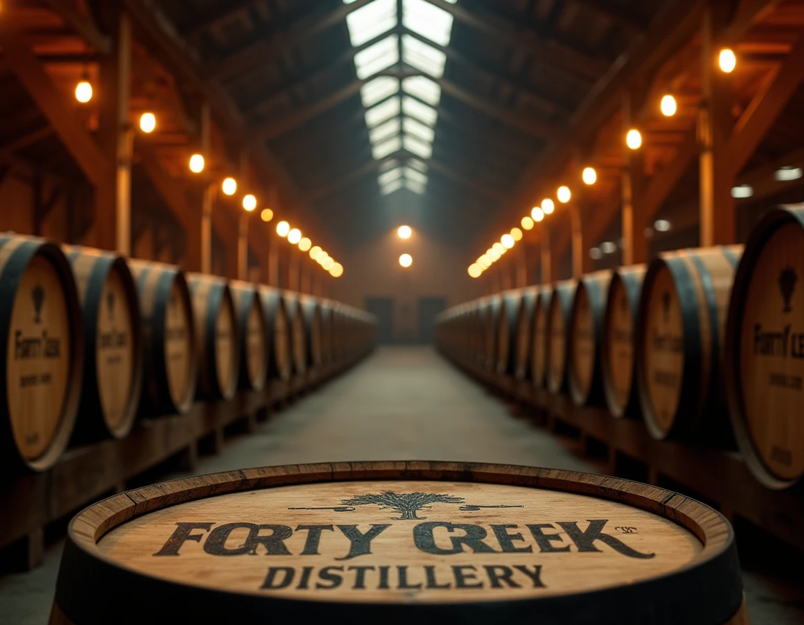 Wide-angle interior shot of a small Ontario distillery aging warehouse, rows of charred oak barrels stacked on wooden ri