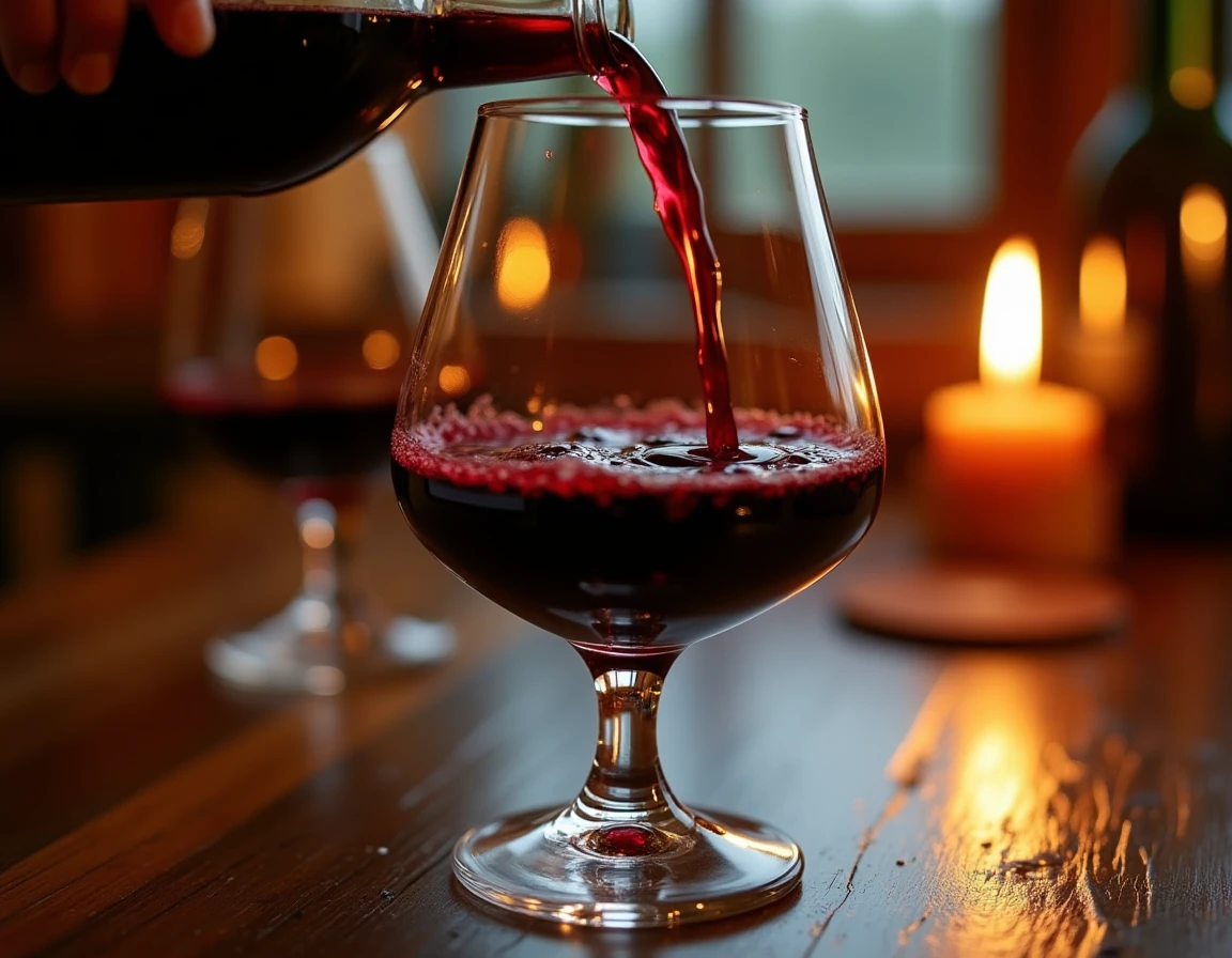 Close-up action shot of a large-bowled wine glass being filled with dark ruby red Amarone, pouring motion from a glass d