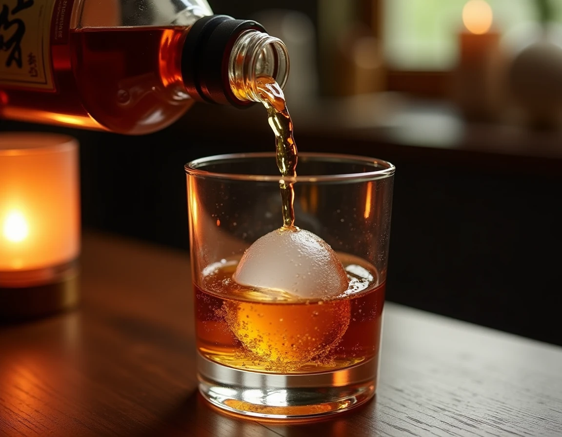 Close-up action shot of whisky being poured from a Yamazaki bottle into a traditional Japanese rocks glass with a large 