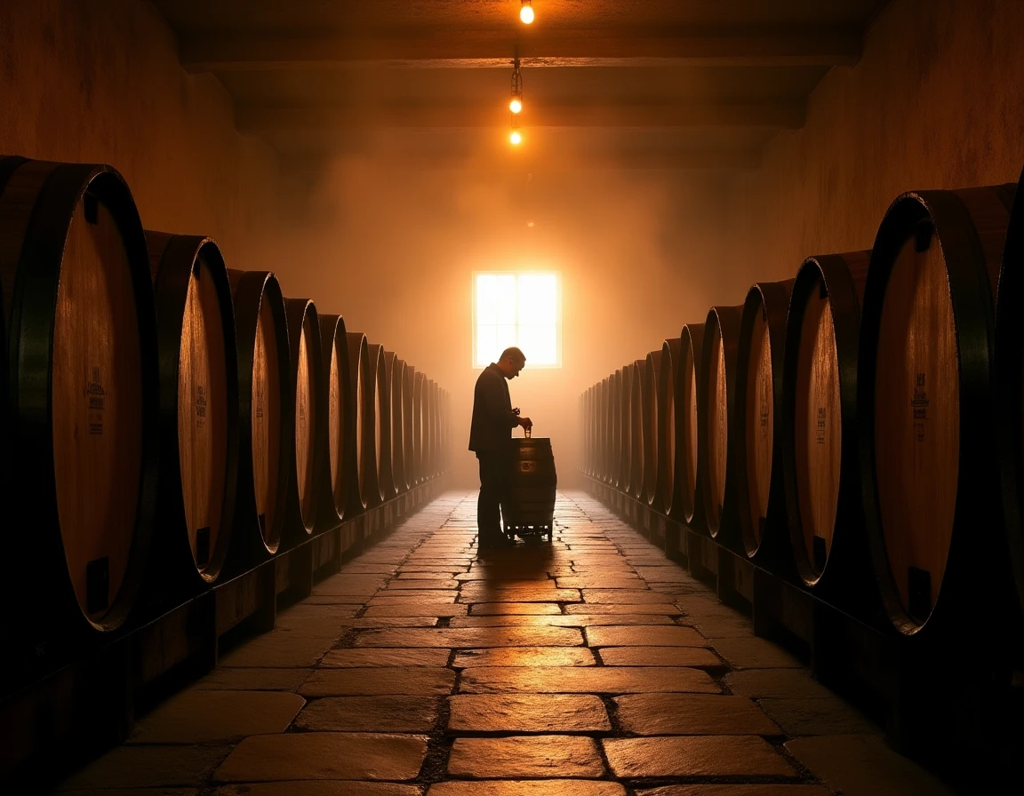 Wide atmospheric interior shot of a whisky barrel warehouse in the style of Yamazaki Distillery cellar, rows of charred 