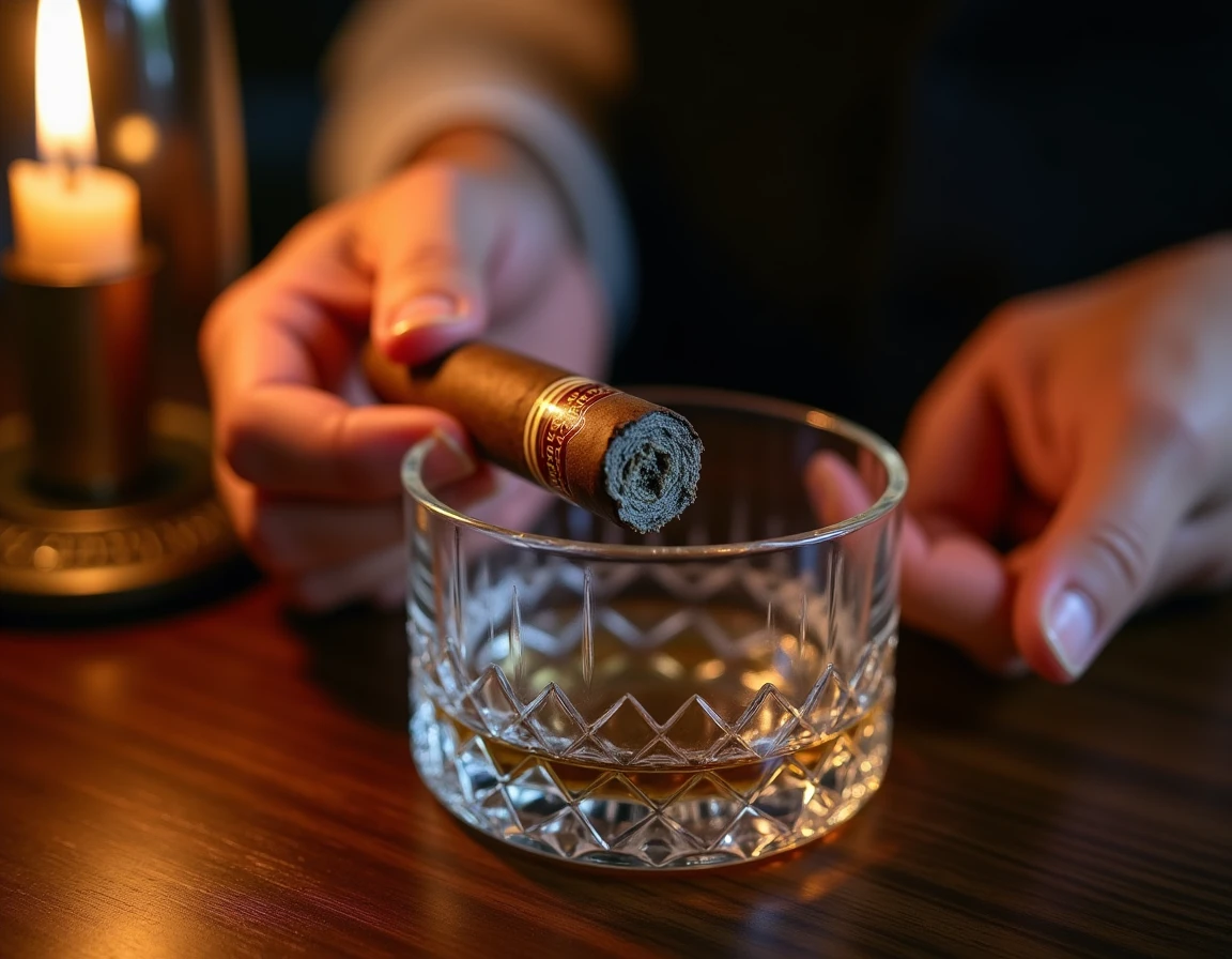 Close-up of a pair of hands gently holding a lit Oliva Serie V Melanio cigar over a crystal ashtray, thin ribbon of smok