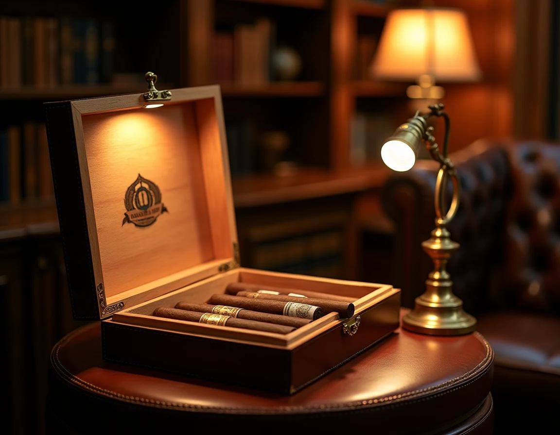 Wide interior shot of a classic private smoking lounge, cedar-lined humidor cabinet open on the left showing rows of cig