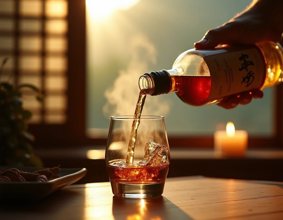 Close-up of weathered hands carefully pouring Yamazaki single malt from a bottle into a Glencairn glass, soft natural mo