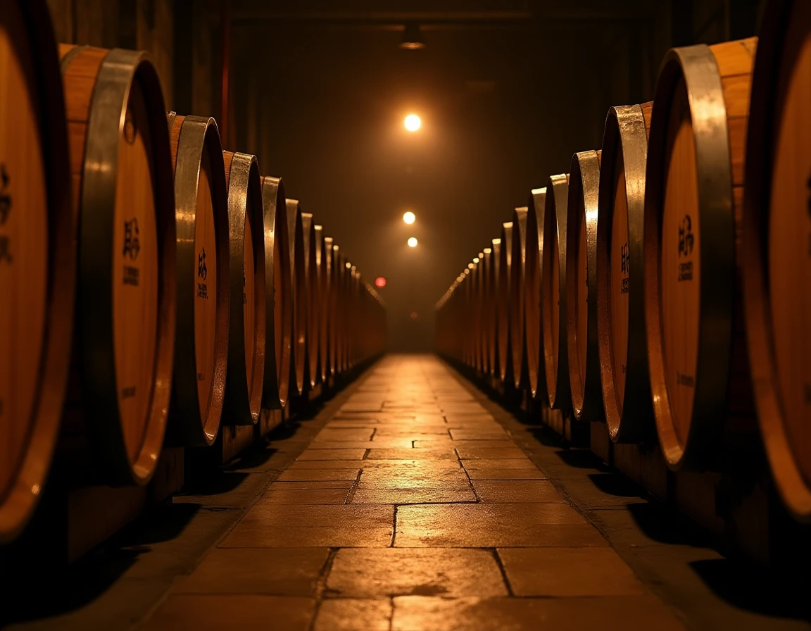 Wide interior shot of the Yamazaki Distillery warehouse corridor, rows of aging oak casks stacked on both sides receding