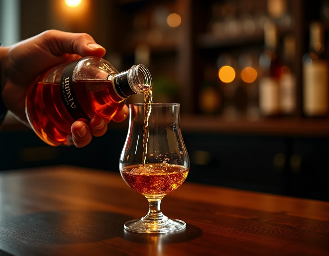 Close-up of two hands carefully pouring Nikka From The Barrel whisky into a tulip-shaped nosing glass, rich amber liquid