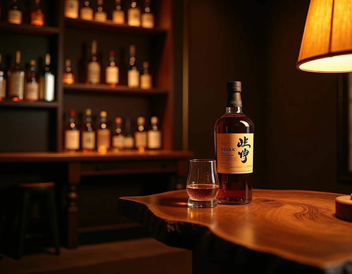 Wide interior shot of a dimly lit Japanese-style whisky library or private bar, Nikka From The Barrel bottle prominently