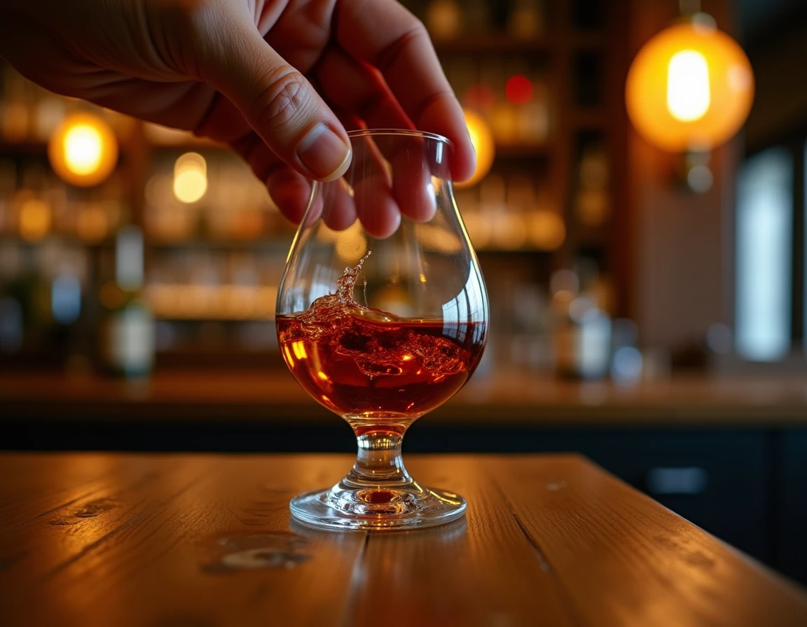 Close-up action shot of a hand gently swirling a deep amber Yamazaki single malt in a Glencairn glass, low angle slightl