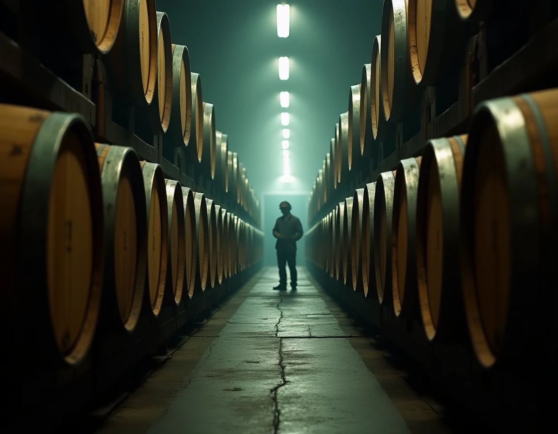 Wide atmospheric interior of Yamazaki Distillery warehouse barrel hall, rows of small mizunara and sherry oak casks stac