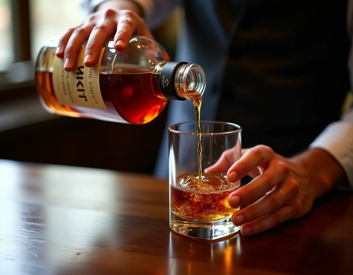 Close-up action shot of Japanese whisky being poured from a Nikka From The Barrel square bottle into a Glencairn nosing