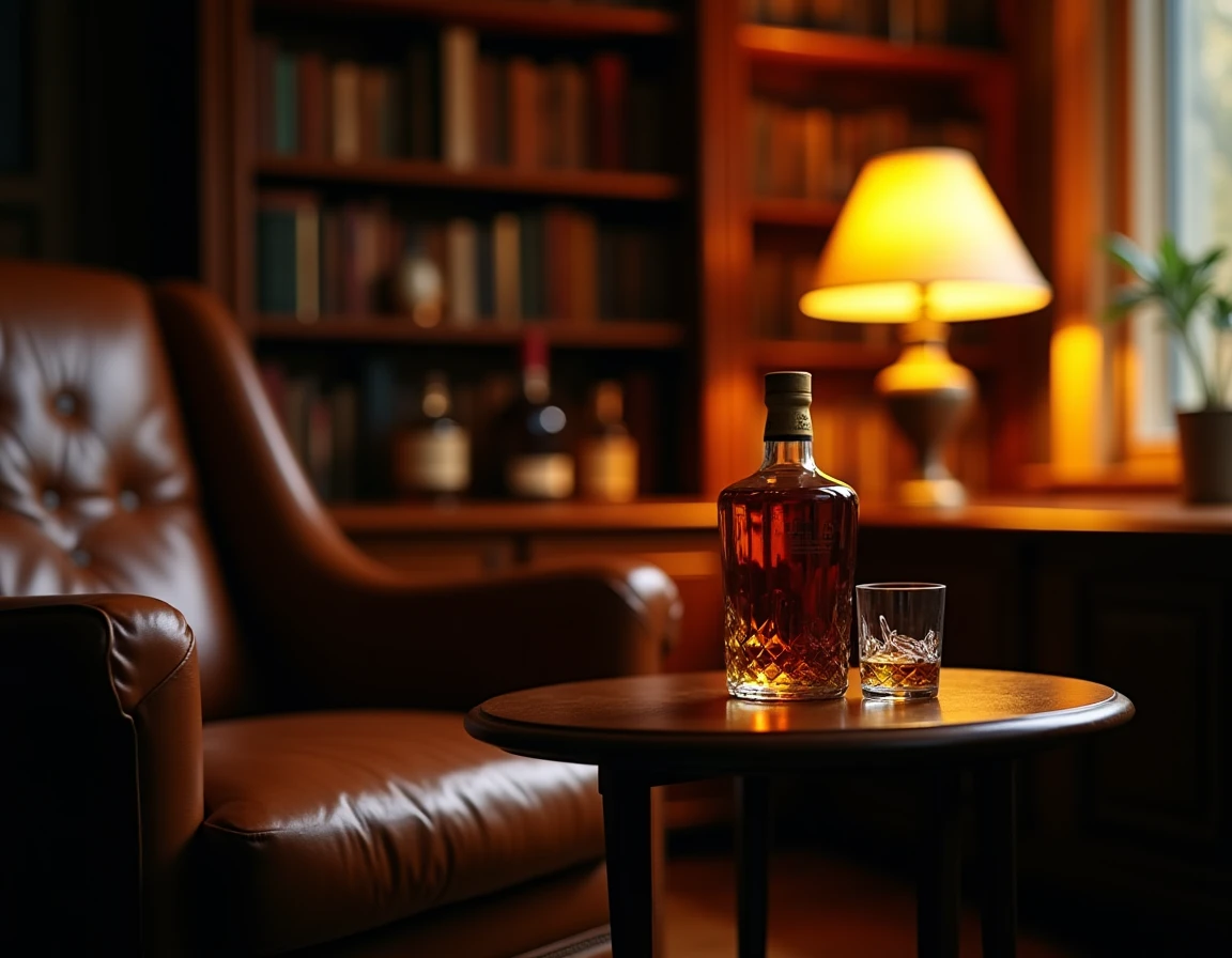 Wide-angle environmental shot inside a dimly lit whisky library or private study, leather armchair in the foreground, lo