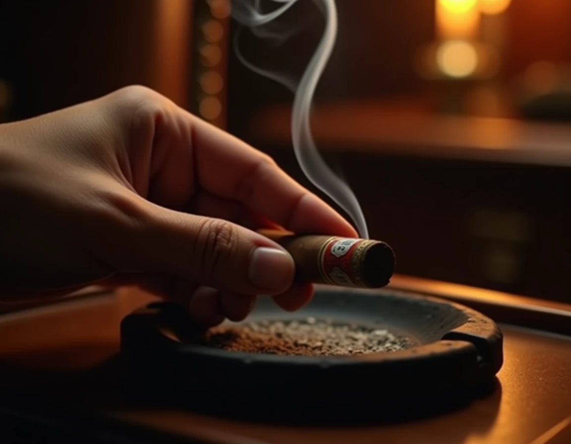 Medium close-up of a hand holding a lit Padron 1964 Maduro Belicoso cigar over a dark slate ashtray, a thin ribbon of sm