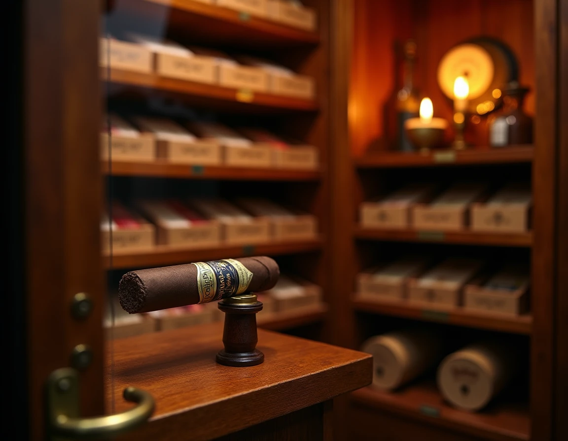 Wide editorial shot of a cedar-lined walk-in humidor interior, rows of Padron 1964 Anniversary boxes stacked on shelves 