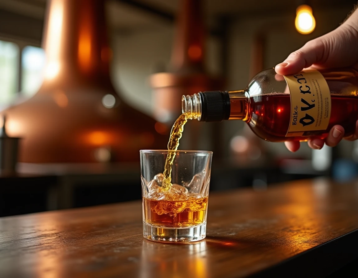 Close-up action shot of whisky being poured from a Nikka Yoichi bottle into a Glencairn glass on a weathered dark oak ba