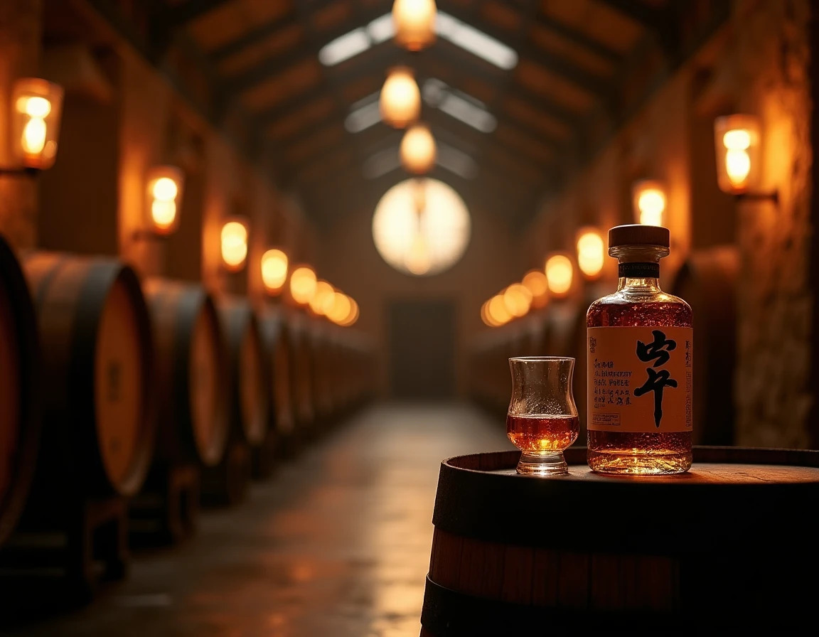 Wide interior shot of a traditional Japanese distillery warehouse in Hokkaido, rows of oak barrels stacked in dim amber