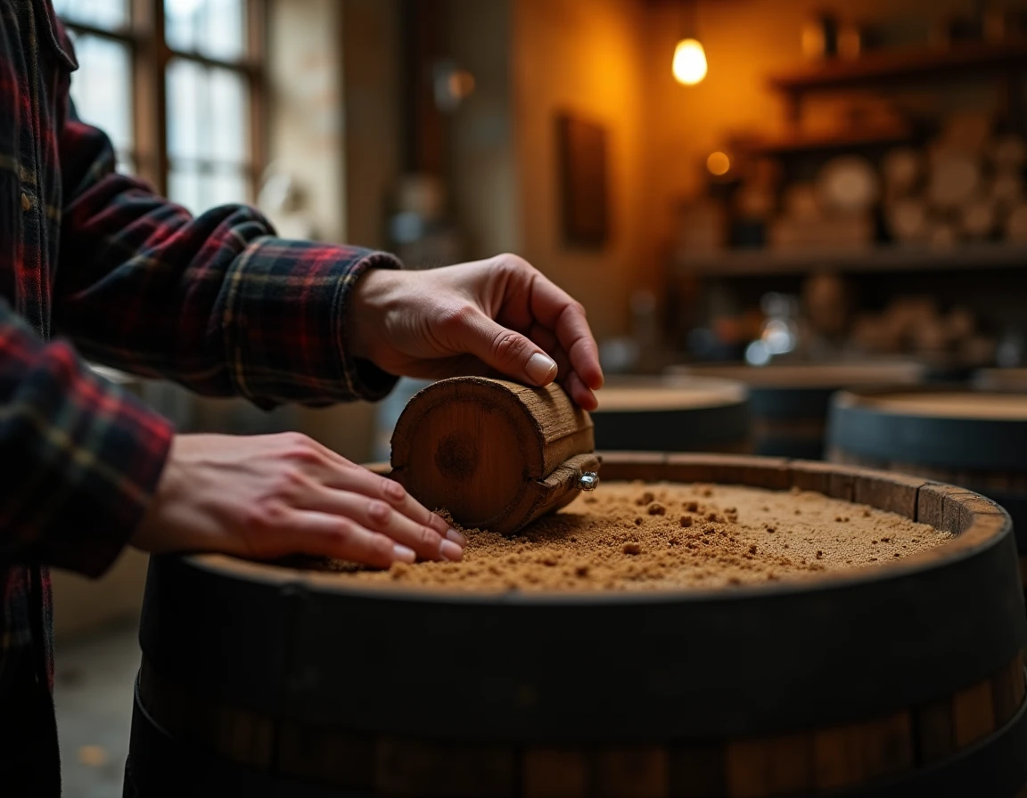 Close-up action shot of a distillery worker in a flannel shirt carefully examining the inside of a small charred Garryan