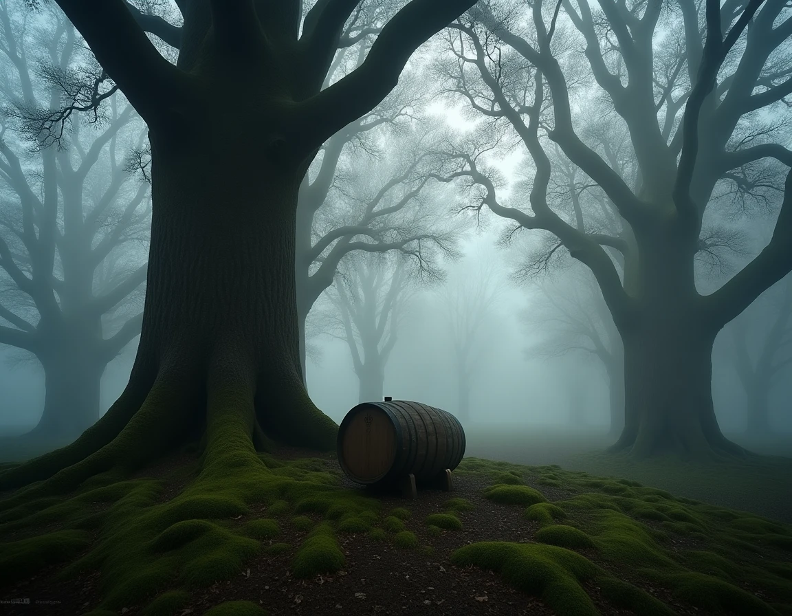Wide establishing shot of a misty Oregon forest with towering Garryana oak trees, gnarled thick bark in foreground, a si