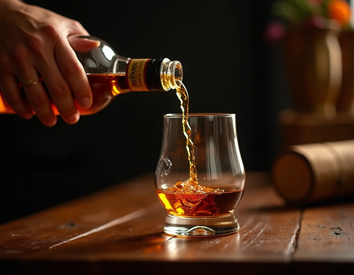 Close-up of a hand carefully pouring AnCnoc whisky from a bottle into a Glencairn glass on a worn walnut surface, warm s