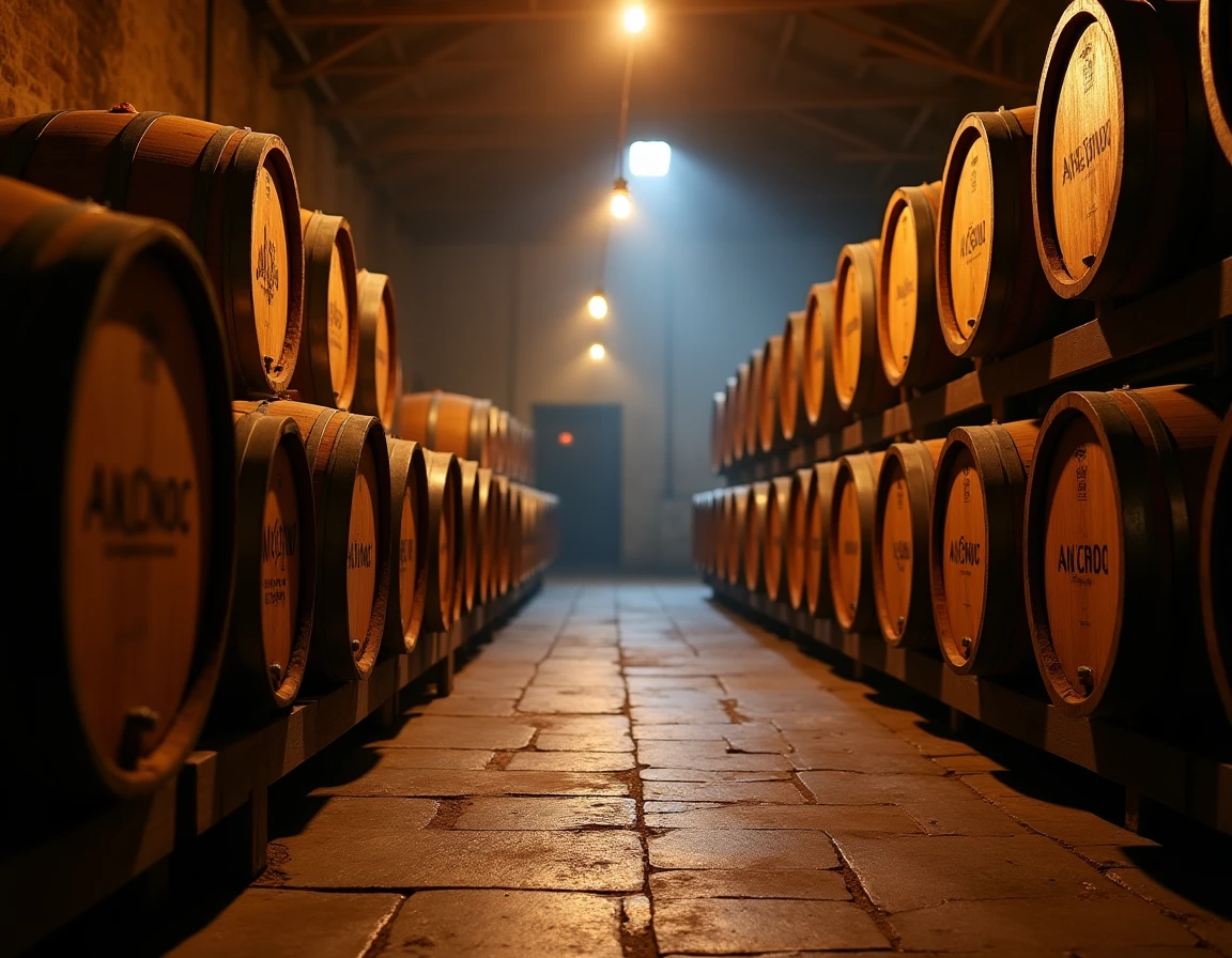 Wide-angle interior shot of the Knockdhu Distillery warehouse, rows of aging barrels stacked on wooden racks, low warm a