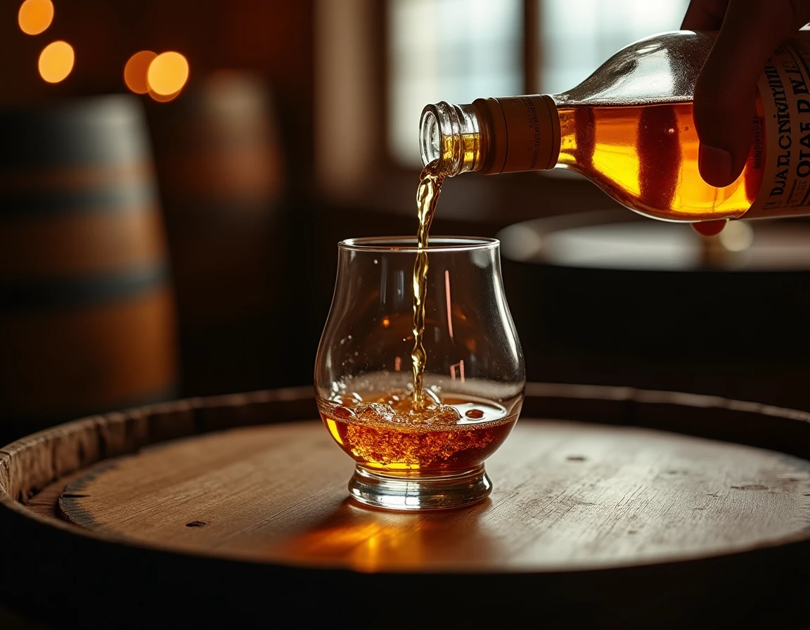 Close-up action shot of whisky being poured from a Dalwhinnie bottle into a Glencairn glass, liquid forming a rich amber