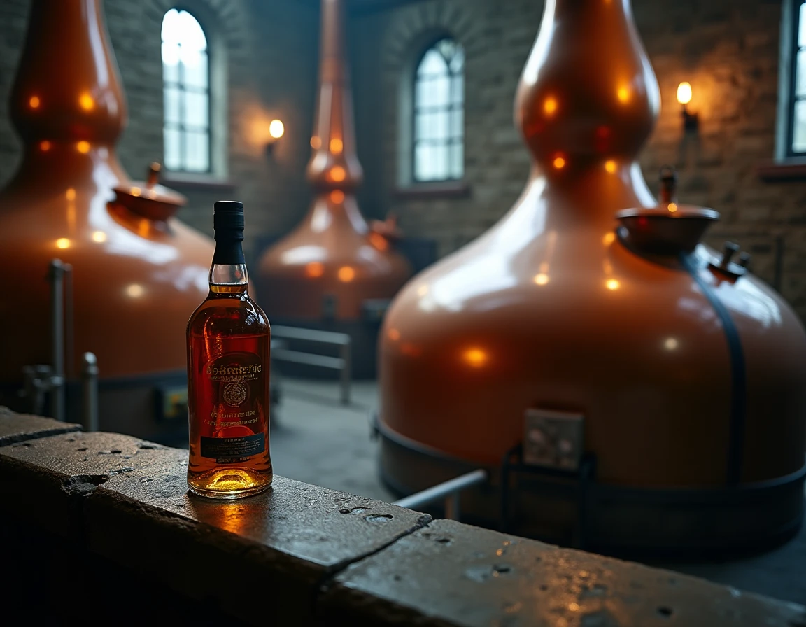 Wide atmospheric interior shot of a traditional Scottish Highland distillery still room, copper pot stills and worm tub 