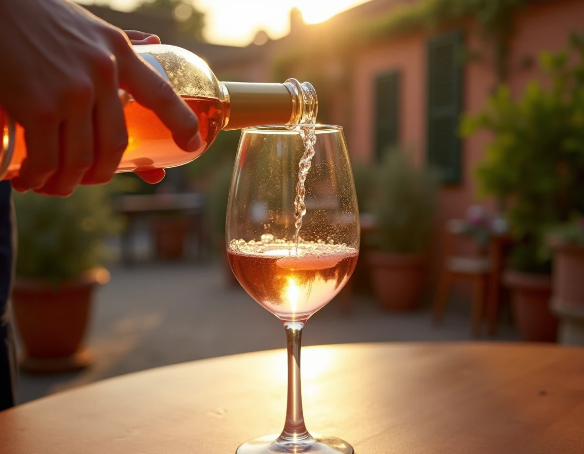 Close-up action shot of a sommelier carefully pouring a pale Provence rosé into a wide-rimmed wine glass on a sunlit sto