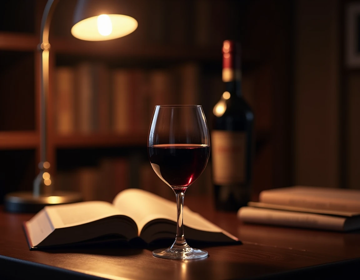 Atmospheric library or study interior with a single large balloon glass of deep ruby Barolo on a dark walnut desk beside