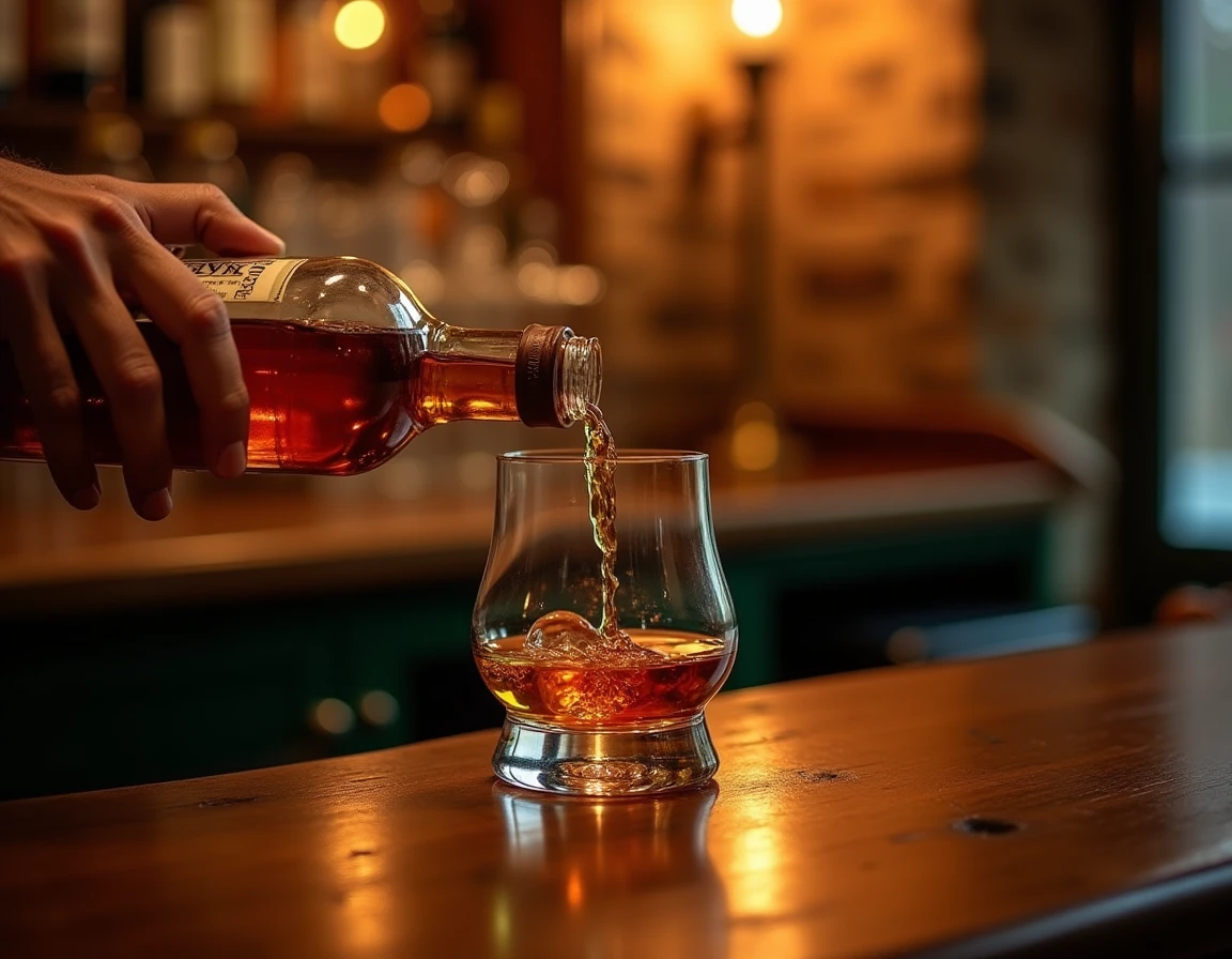 Close-up action shot of a hand slowly pouring single malt Scotch whisky from a bottle into a Glencairn glass on a weathe