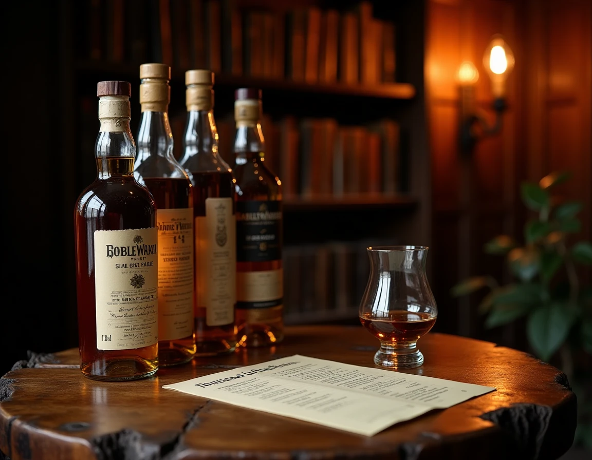 Wide atmospheric shot of a whisky tasting setup in a rustic library setting, leather-bound books on dark shelves in back