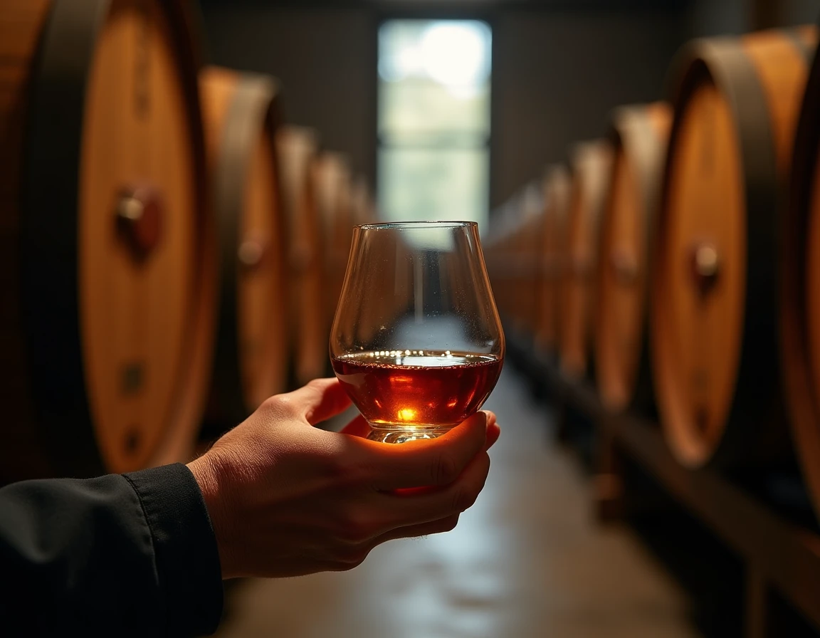 Close-up editorial shot of a pair of weathered hands carefully inspecting a glass of amber Yamazaki single malt whisky,