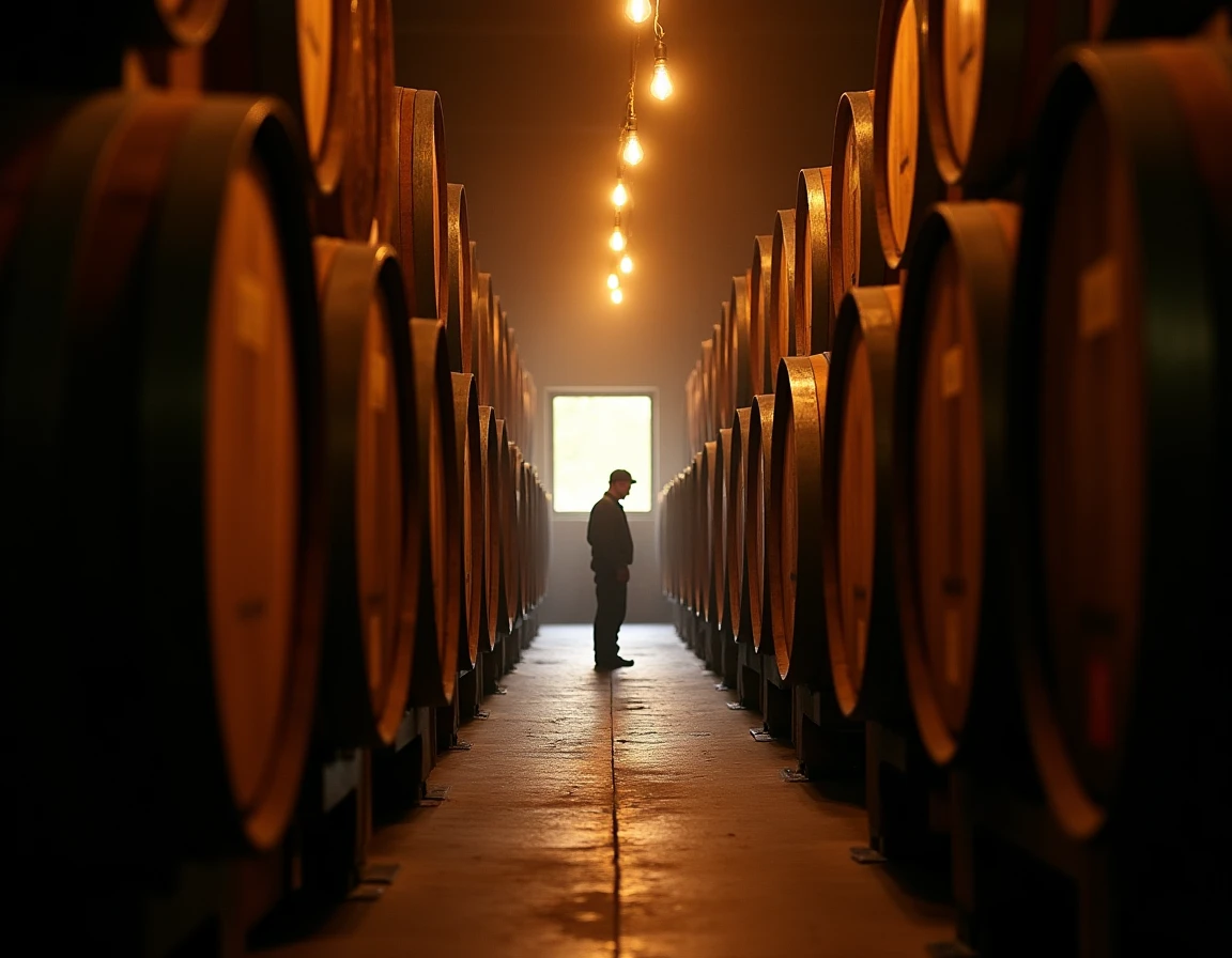 Atmospheric interior of a Yamazaki cask warehouse, long corridor of stacked mizunara and American oak barrels receding i