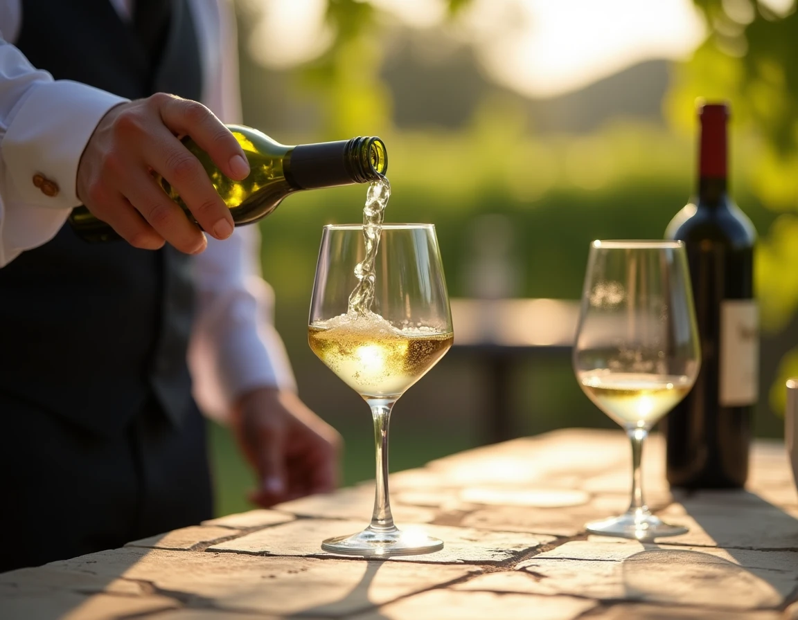 Medium close-up of a sommelier's hands carefully pouring a pale golden Vermentino into a clear wine glass on an outdoor