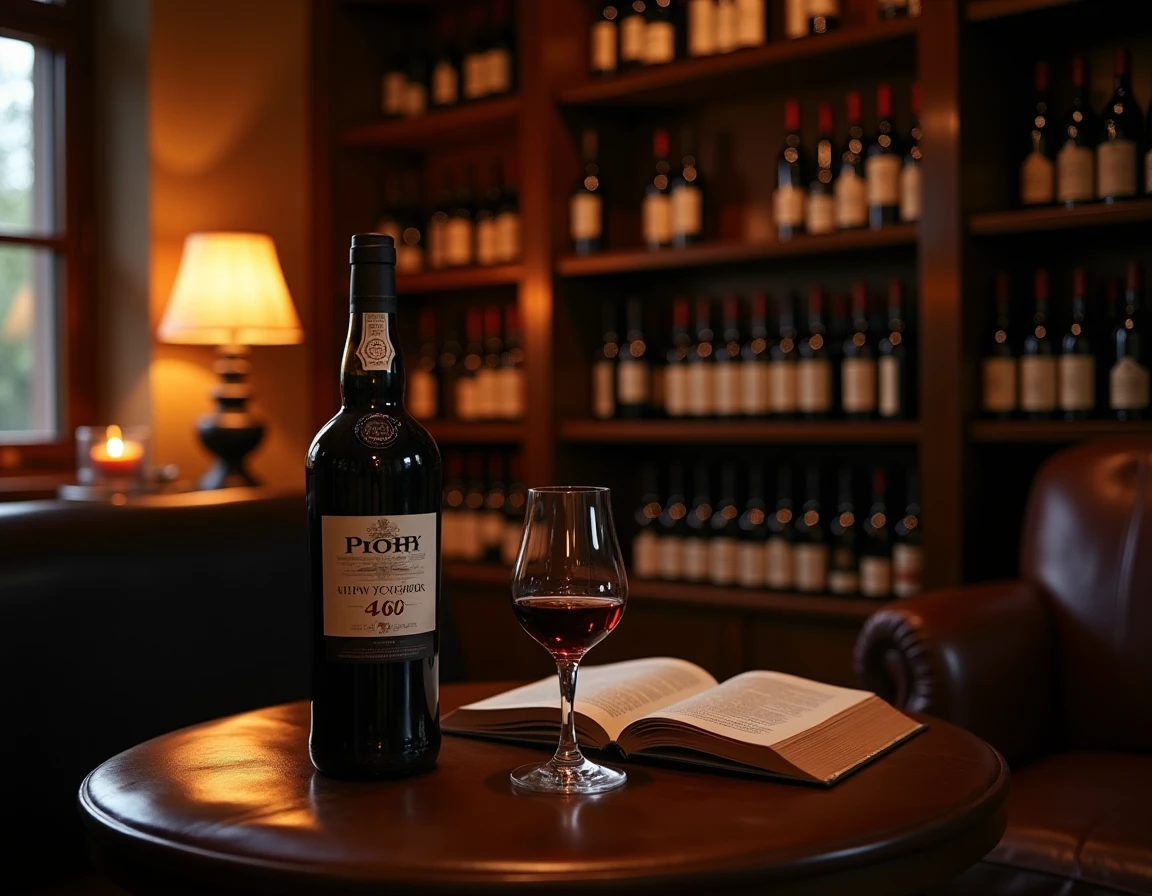 Wide interior shot of a dimly lit wine cellar or kütüphane-style study with dark wooden shelves holding wine bottles, a