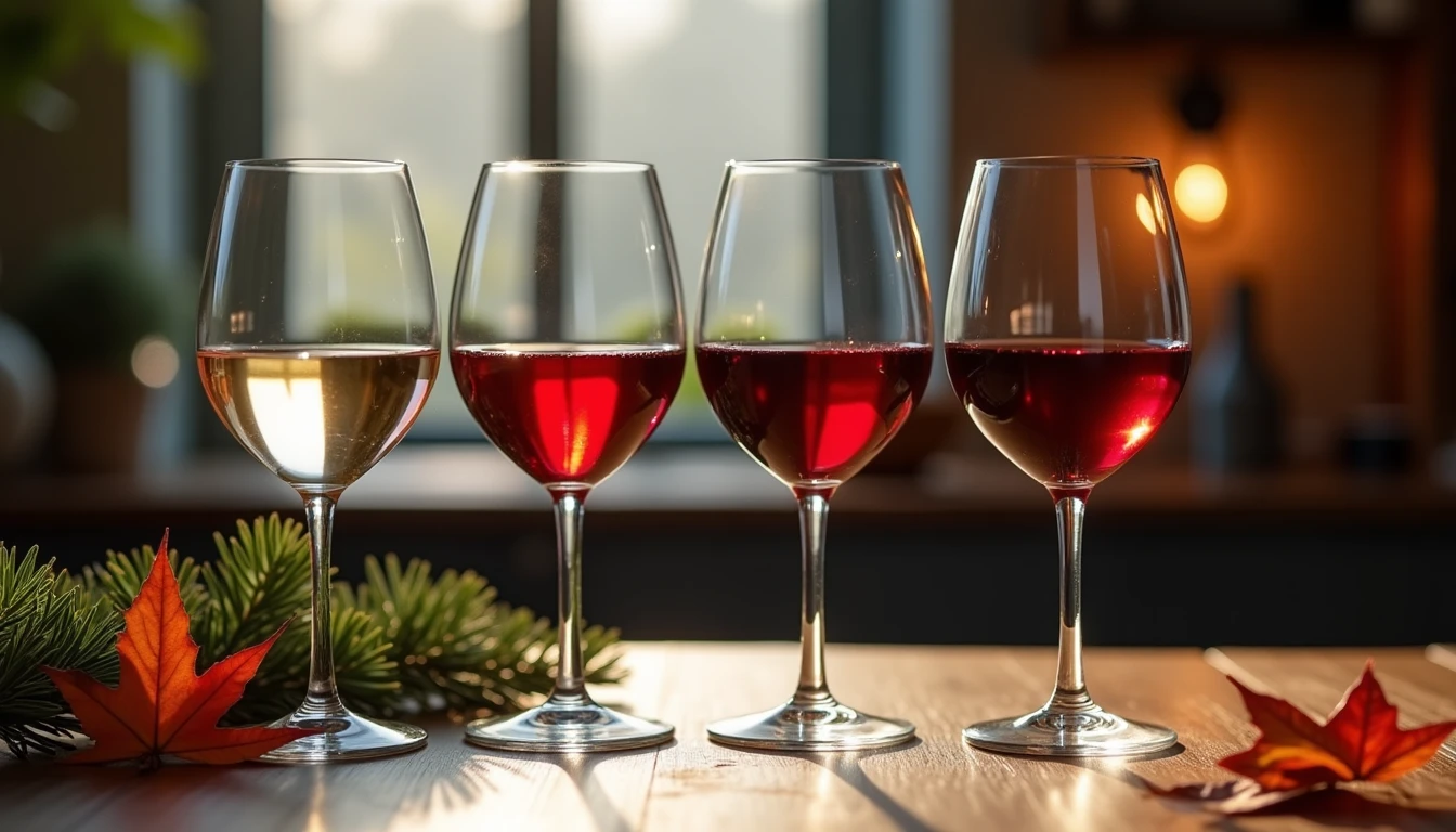Editorial hero shot of four wine glasses arranged on a rustic oak table, each filled with a different wine style — white