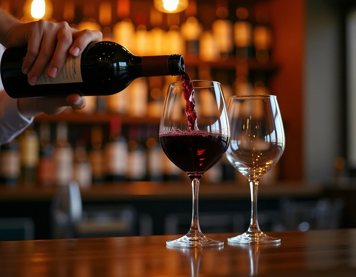 Close-up action shot of a sommelier's hands slowly pouring a deep garnet red wine into a large Burgundy glass, dark waln