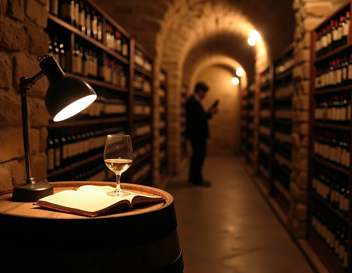 Wide angle interior of a classic wine cellar with stone walls and wooden racks filled with horizontal bottles, a single