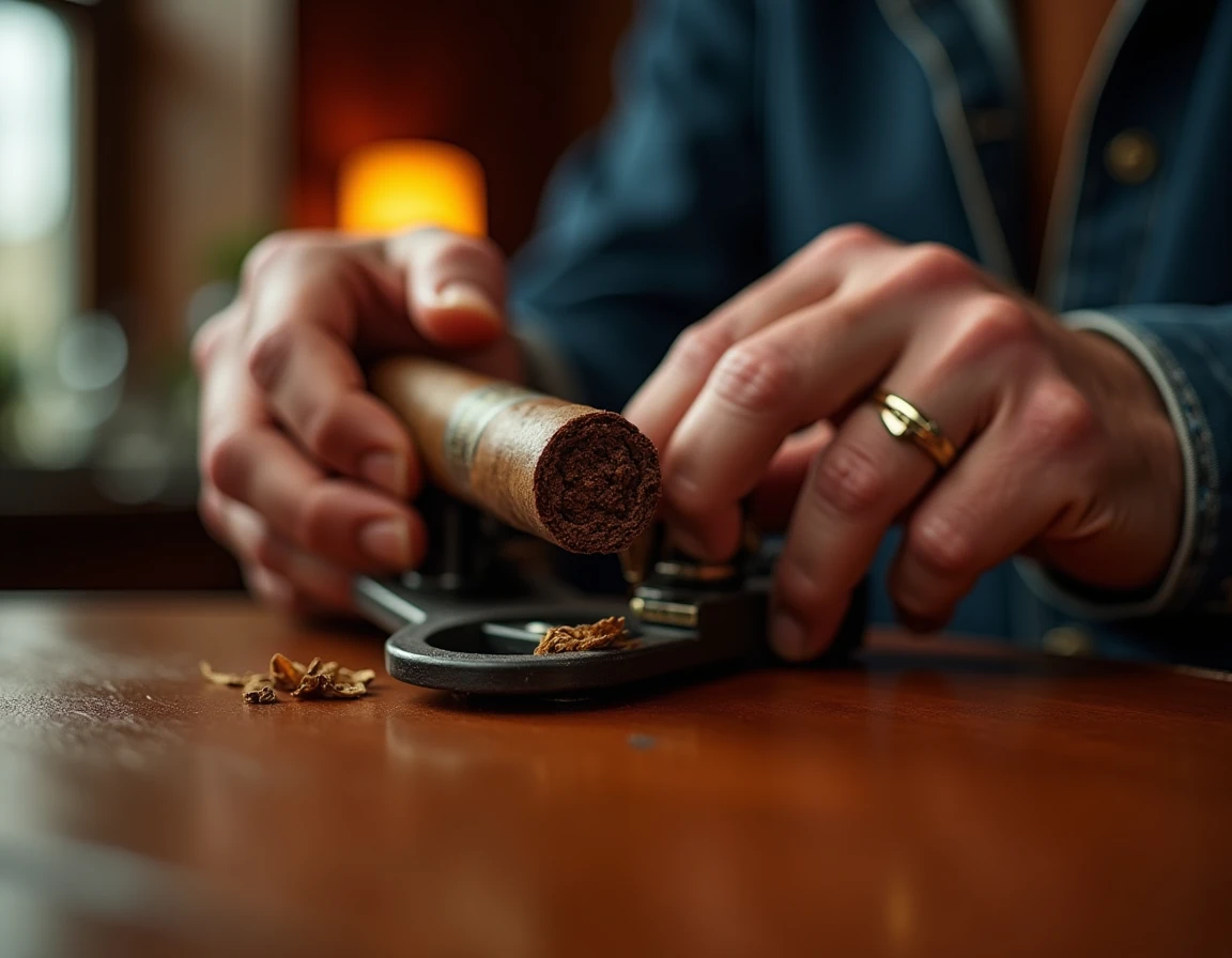 Close-up action shot of a man's weathered hands cutting a Padron 1964 Anniversary Maduro Torpedo with a guillotine cutte
