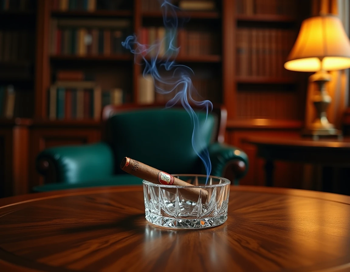 Wide atmospheric shot of a classic private library smoking lounge, a single lit Padron 1964 Anniversary Maduro resting o
