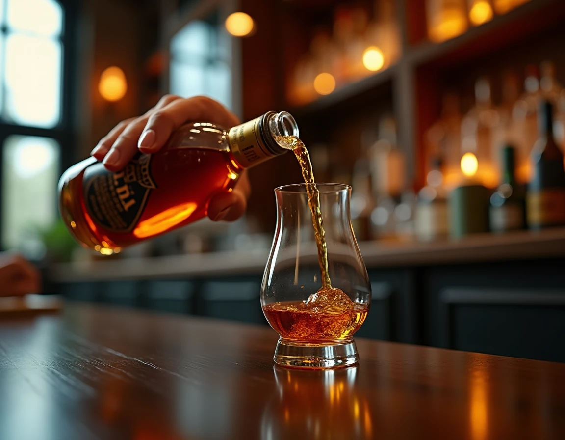 Close-up action shot of a hand gently tilting a Nikka From The Barrel bottle pouring a small measure into a wide Glencai