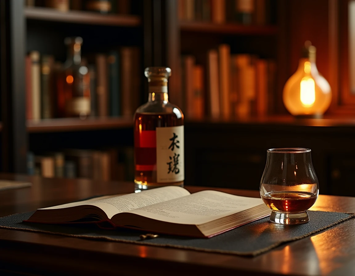 Atmospheric interior of a dimly lit personal whisky library or study, a Nikka From The Barrel bottle and half-filled Gle