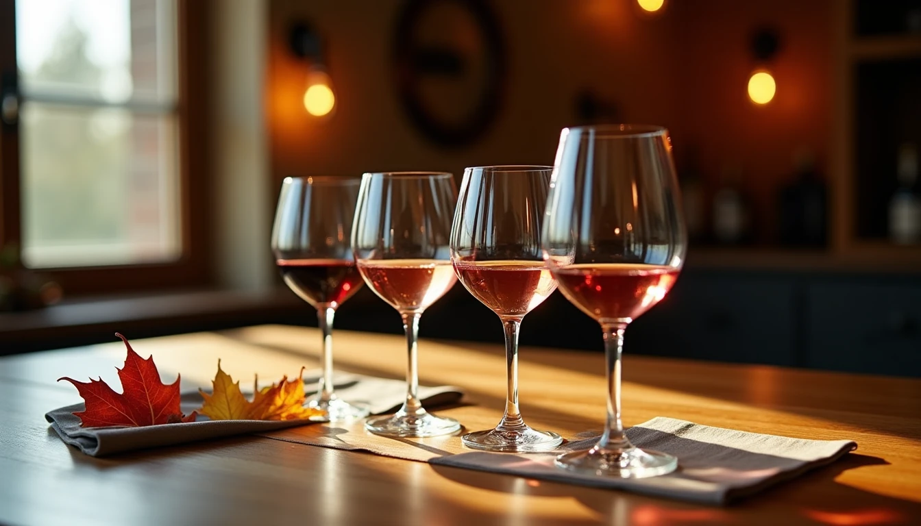 Editorial hero shot of four wine glasses arranged in a seasonal progression on a long oak table, each glass containing d
