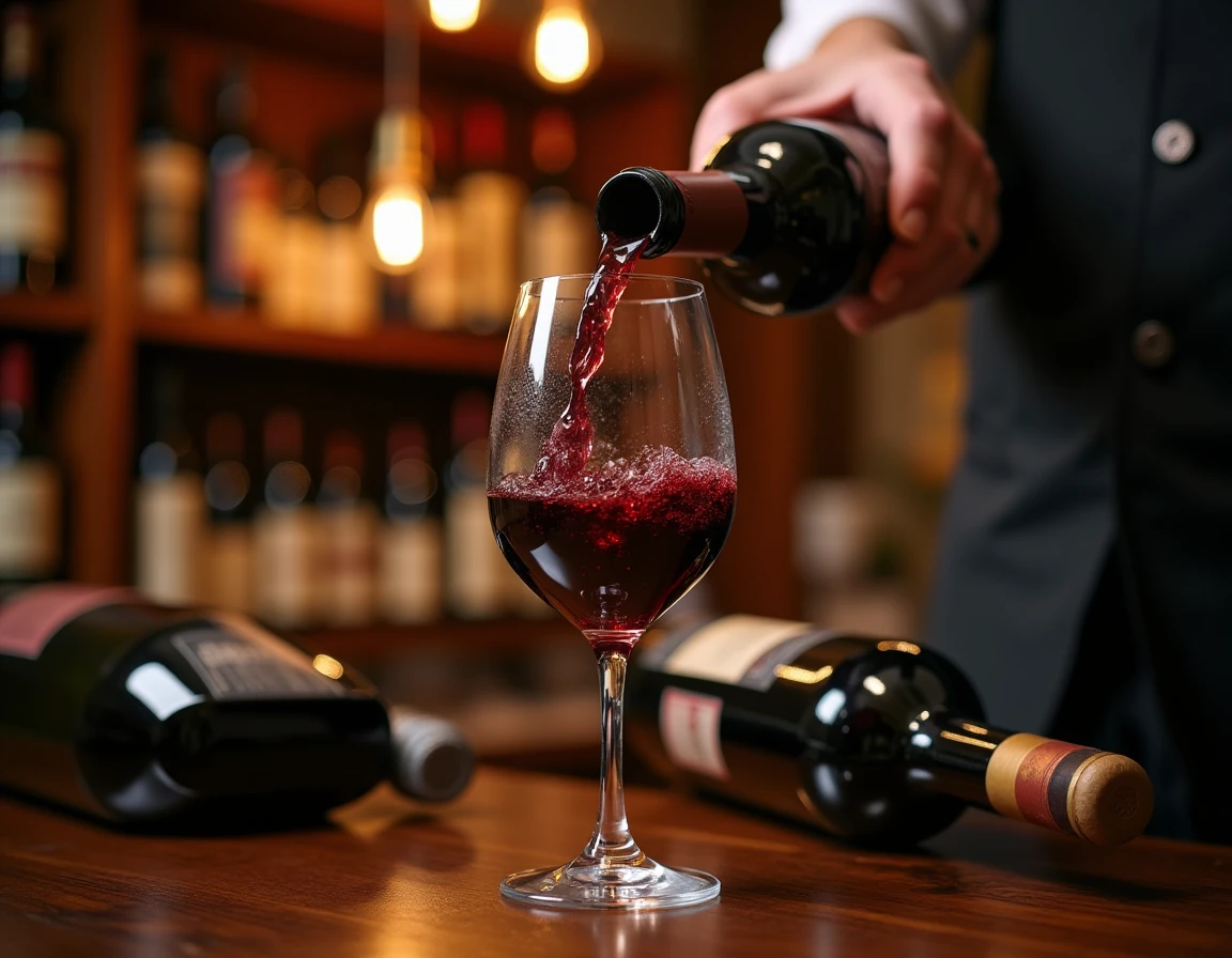 Close-up action shot of a sommelier's hands carefully pouring a deep ruby red wine into a crystal Burgundy glass, dark w
