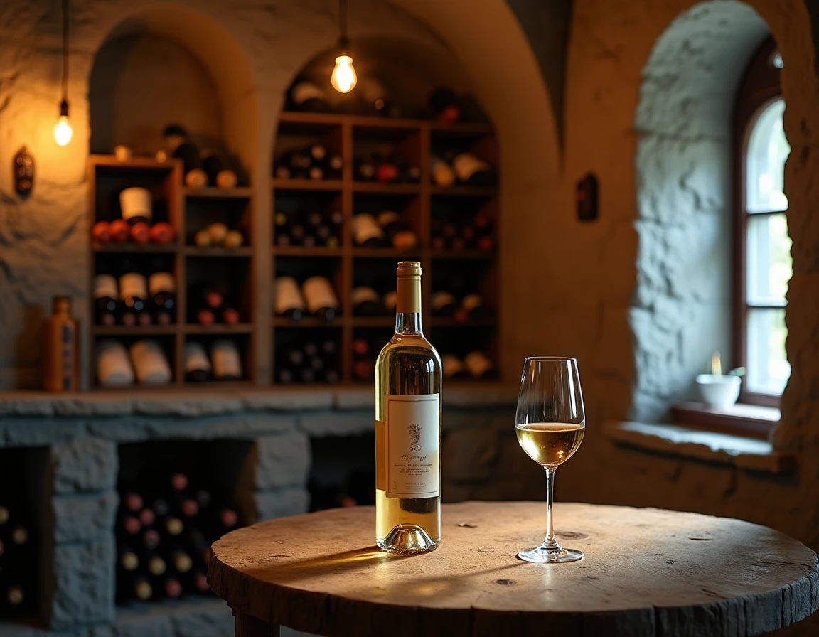 Wide atmospheric shot of a seasonal wine cellar corner with bottles horizontally racked in stone alcoves, a single open