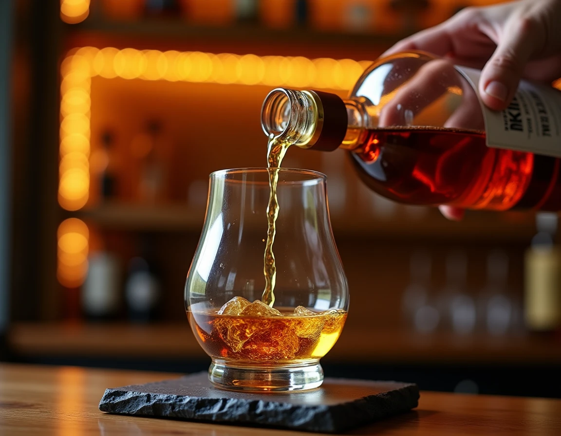 Close-up action shot of whisky being poured from a Nikka From The Barrel bottle into a wide-mouthed Glencairn glass, liq